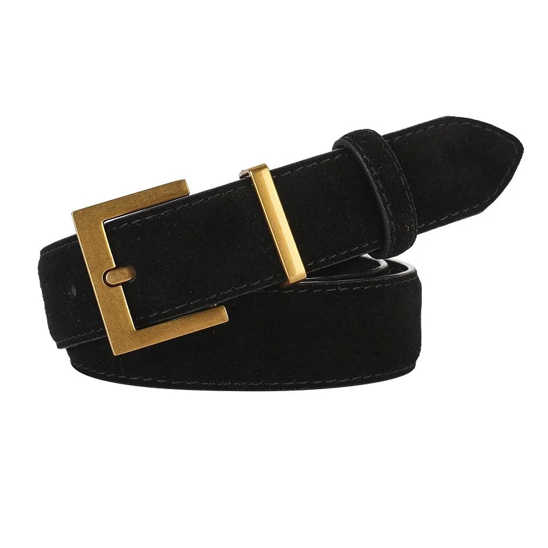 Luxury Suede Leather Belt Ladies Casual With Jeans Square Gold Buckle Belt Women's Fashion Black Brown Cowhide Wide Belt