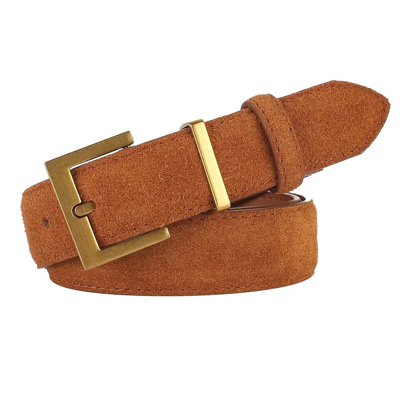Luxury Suede Leather Belt Ladies Casual With Jeans Square Gold Buckle Belt Women's Fashion Black Brown Cowhide Wide Belt