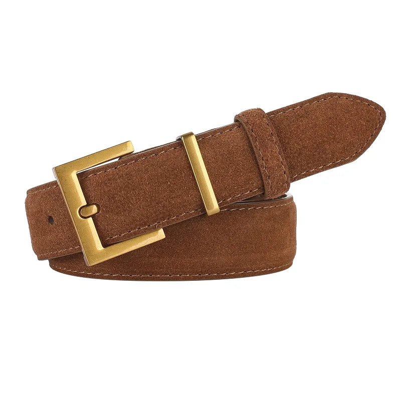 Luxury Suede Leather Belt Ladies Casual With Jeans Square Gold Buckle Belt Women's Fashion Black Brown Cowhide Wide Belt