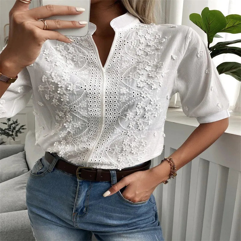 2024 Summer Elegant Short Sleeve White Shirt Vintage Tops Crochet Hollow Blouses For Women Fashion 2024 Cotton Female Clothing