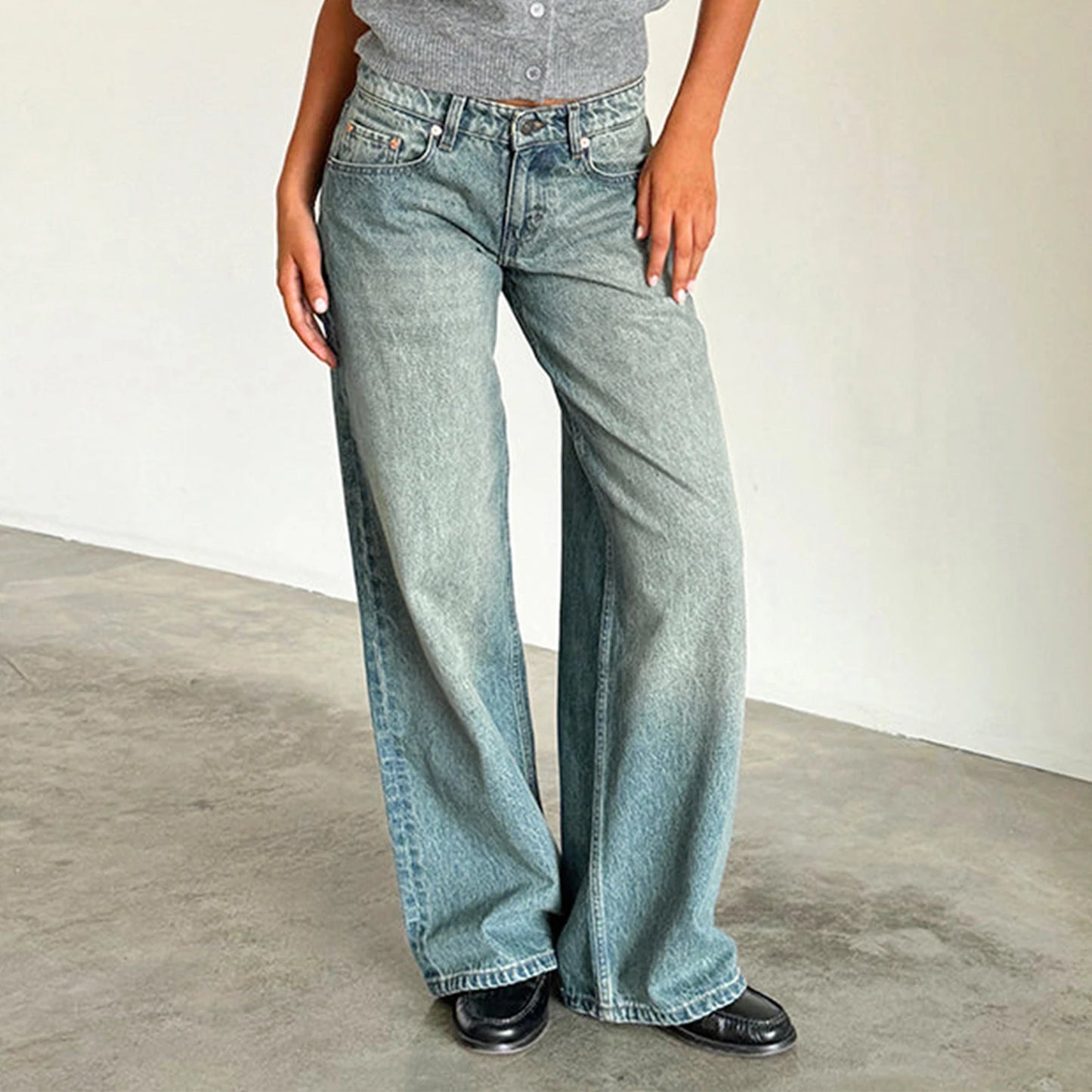 Women Y2k Low Rise Baggy Jeans Loose Fit Boyfriend Straight Wide Leg Jeans Trendy Stretch Long Denim Pants for Daily Streetwear