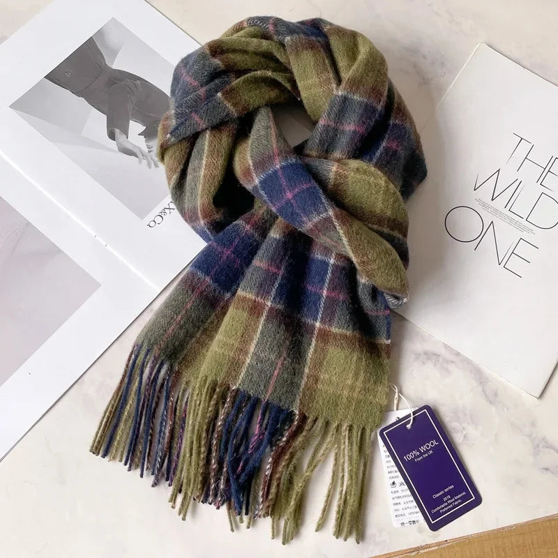 100% Pure Wool Scarf For Men Winter Deep Blue Plaid Wool Neck Warmer Luxury Gift For Boyfriend Dad And Elderly