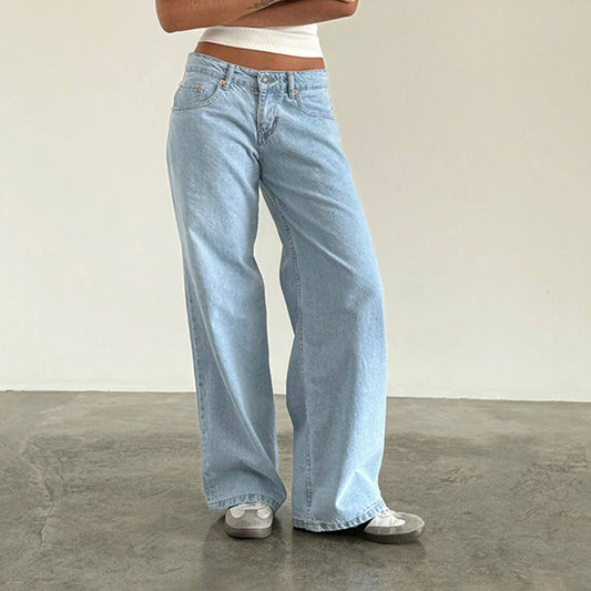 Women Y2k Low Rise Baggy Jeans Loose Fit Boyfriend Straight Wide Leg Jeans Trendy Stretch Long Denim Pants for Daily Streetwear