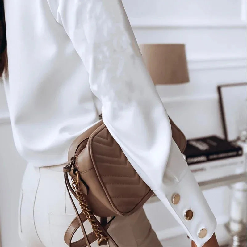 Long Sleeve 2025 Stand Collar Office Lady Tops Button Up Women Blouse White Casual Woman Shirt Fashion Black Loose Shirts 10619
