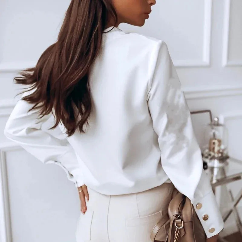 Long Sleeve 2025 Stand Collar Office Lady Tops Button Up Women Blouse White Casual Woman Shirt Fashion Black Loose Shirts 10619