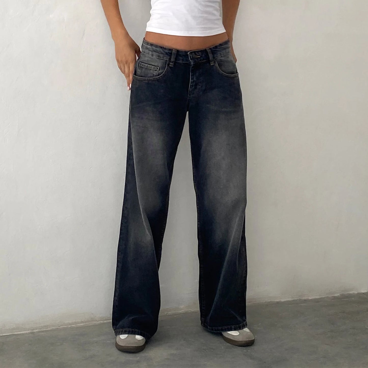 Women Y2k Low Rise Baggy Jeans Loose Fit Boyfriend Straight Wide Leg Jeans Trendy Stretch Long Denim Pants for Daily Streetwear