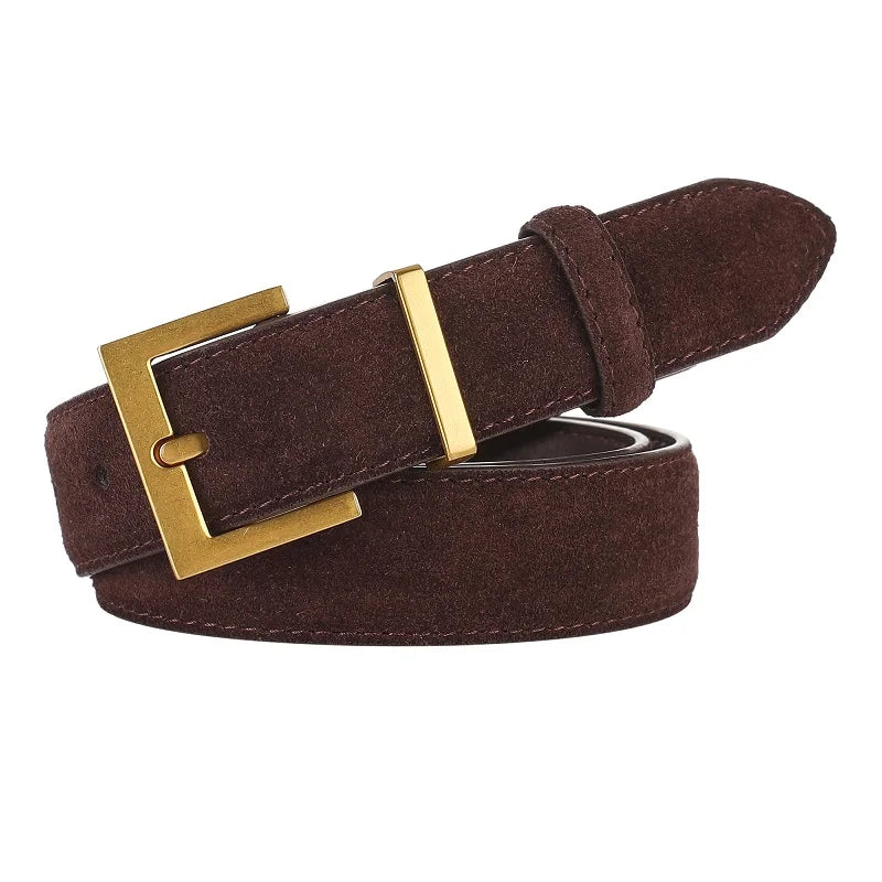 Luxury Suede Leather Belt Ladies Casual With Jeans Square Gold Buckle Belt Women's Fashion Black Brown Cowhide Wide Belt