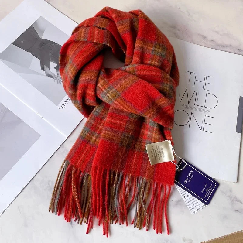 100% Pure Wool Scarf For Men Winter Deep Blue Plaid Wool Neck Warmer Luxury Gift For Boyfriend Dad And Elderly