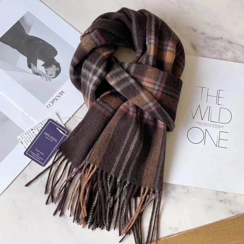 100% Pure Wool Scarf For Men Winter Deep Blue Plaid Wool Neck Warmer Luxury Gift For Boyfriend Dad And Elderly