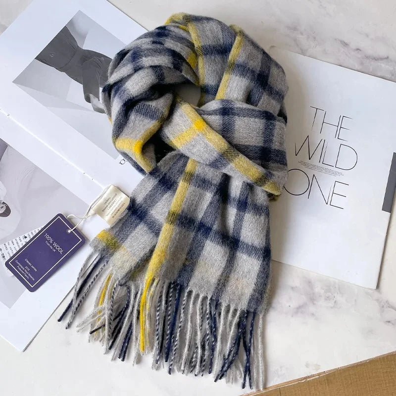 100% Pure Wool Scarf For Men Winter Deep Blue Plaid Wool Neck Warmer Luxury Gift For Boyfriend Dad And Elderly
