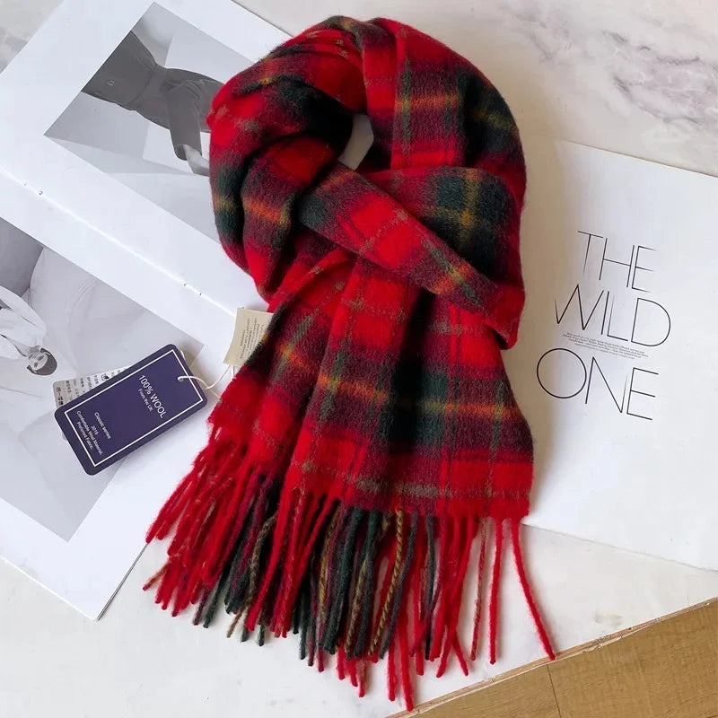 100% Pure Wool Scarf For Men Winter Deep Blue Plaid Wool Neck Warmer Luxury Gift For Boyfriend Dad And Elderly