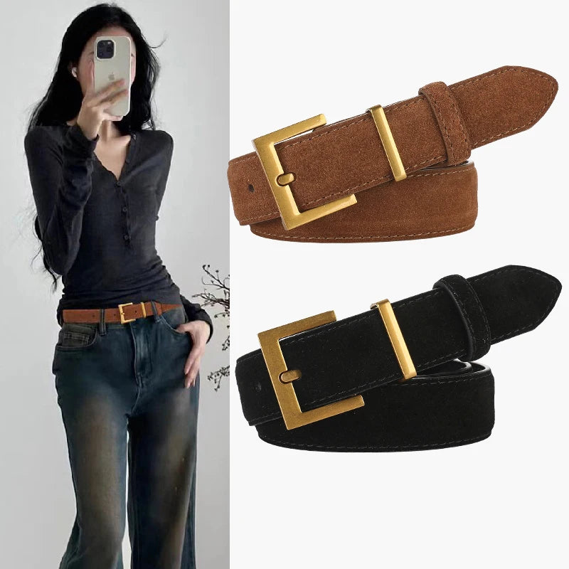 Luxury Suede Leather Belt Ladies Casual With Jeans Square Gold Buckle Belt Women's Fashion Black Brown Cowhide Wide Belt