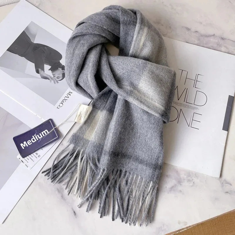 100% Pure Wool Scarf For Men Winter Deep Blue Plaid Wool Neck Warmer Luxury Gift For Boyfriend Dad And Elderly