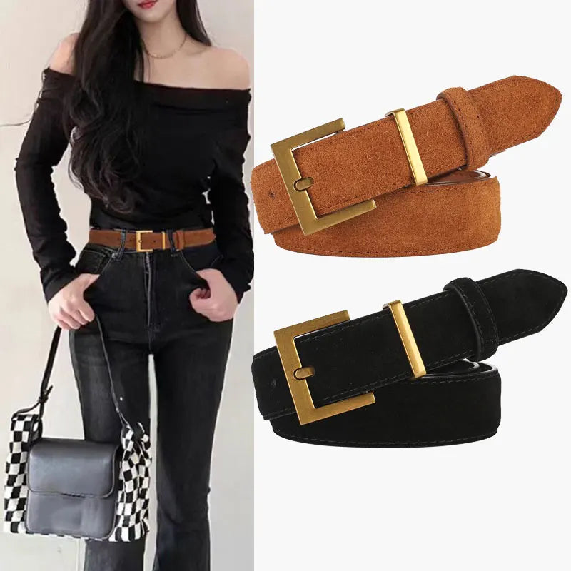 Luxury Suede Leather Belt Ladies Casual With Jeans Square Gold Buckle Belt Women's Fashion Black Brown Cowhide Wide Belt