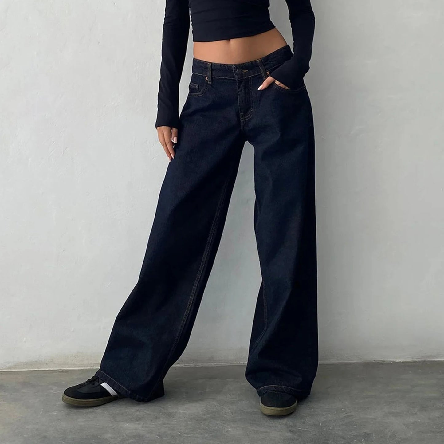 Women Y2k Low Rise Baggy Jeans Loose Fit Boyfriend Straight Wide Leg Jeans Trendy Stretch Long Denim Pants for Daily Streetwear