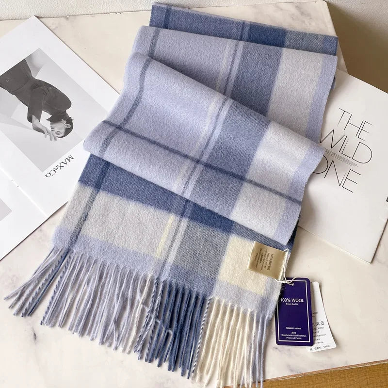 100% Pure Wool Scarf For Men Winter Deep Blue Plaid Wool Neck Warmer Luxury Gift For Boyfriend Dad And Elderly