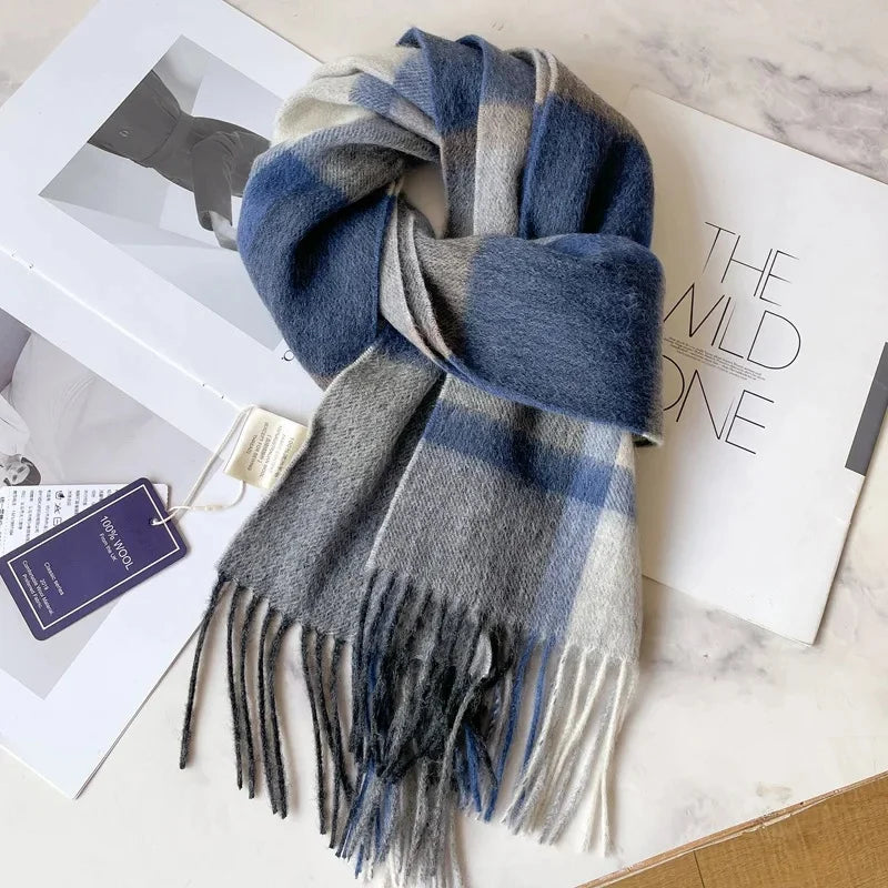 100% Pure Wool Scarf For Men Winter Deep Blue Plaid Wool Neck Warmer Luxury Gift For Boyfriend Dad And Elderly